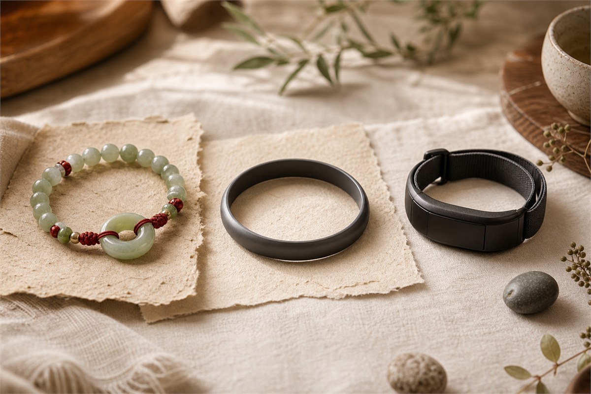 Symbolic gemstone bracelet, sport energy band, and weighted training wristband shown side by side