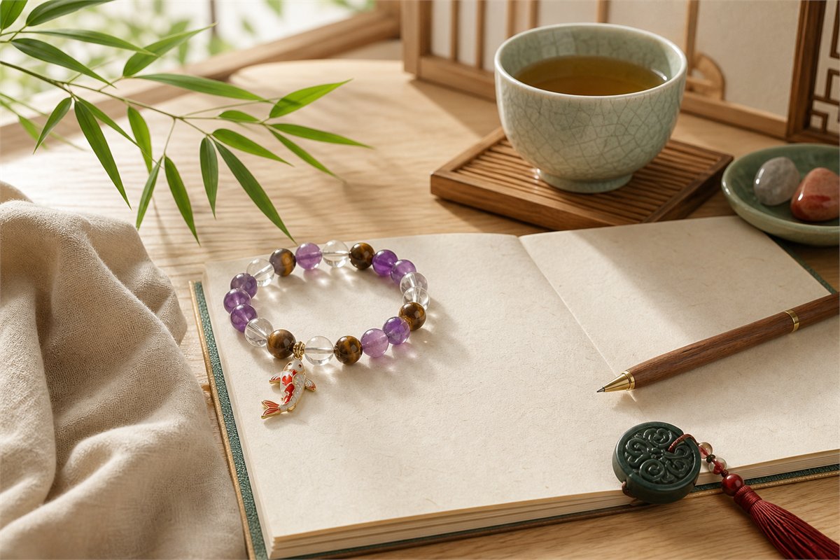 Amethyst, clear quartz, bamboo leaf, koi charm, and tiger eye beads beside a blank study notebook