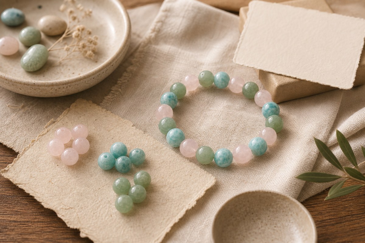 Three-stone crystal bracelet with loose rose quartz, amazonite, and green aventurine beads on handmade paper