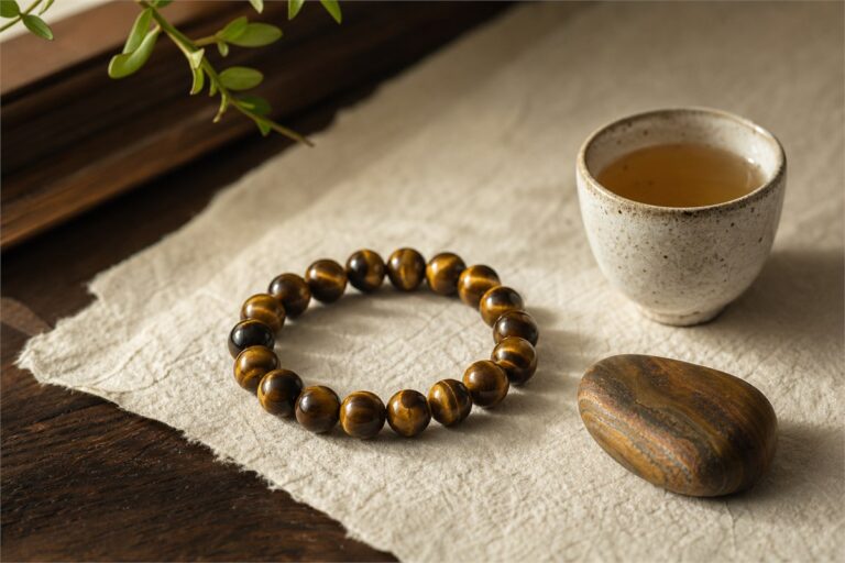 Natural golden-brown tiger eye bead bracelet showing realistic silky chatoyancy on warm linen