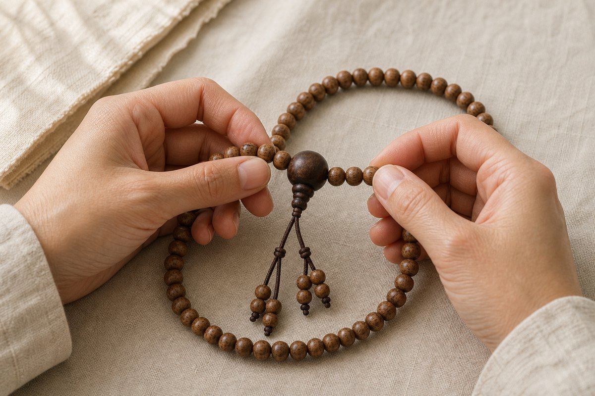 Hands reversing a mala at the larger mother bead instead of crossing over it