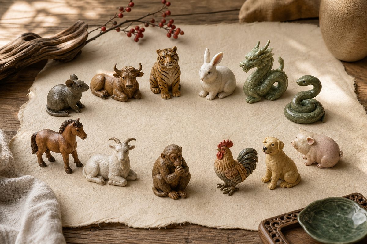 Twelve zodiac animal figurines arranged in an orderly circle on handmade paper