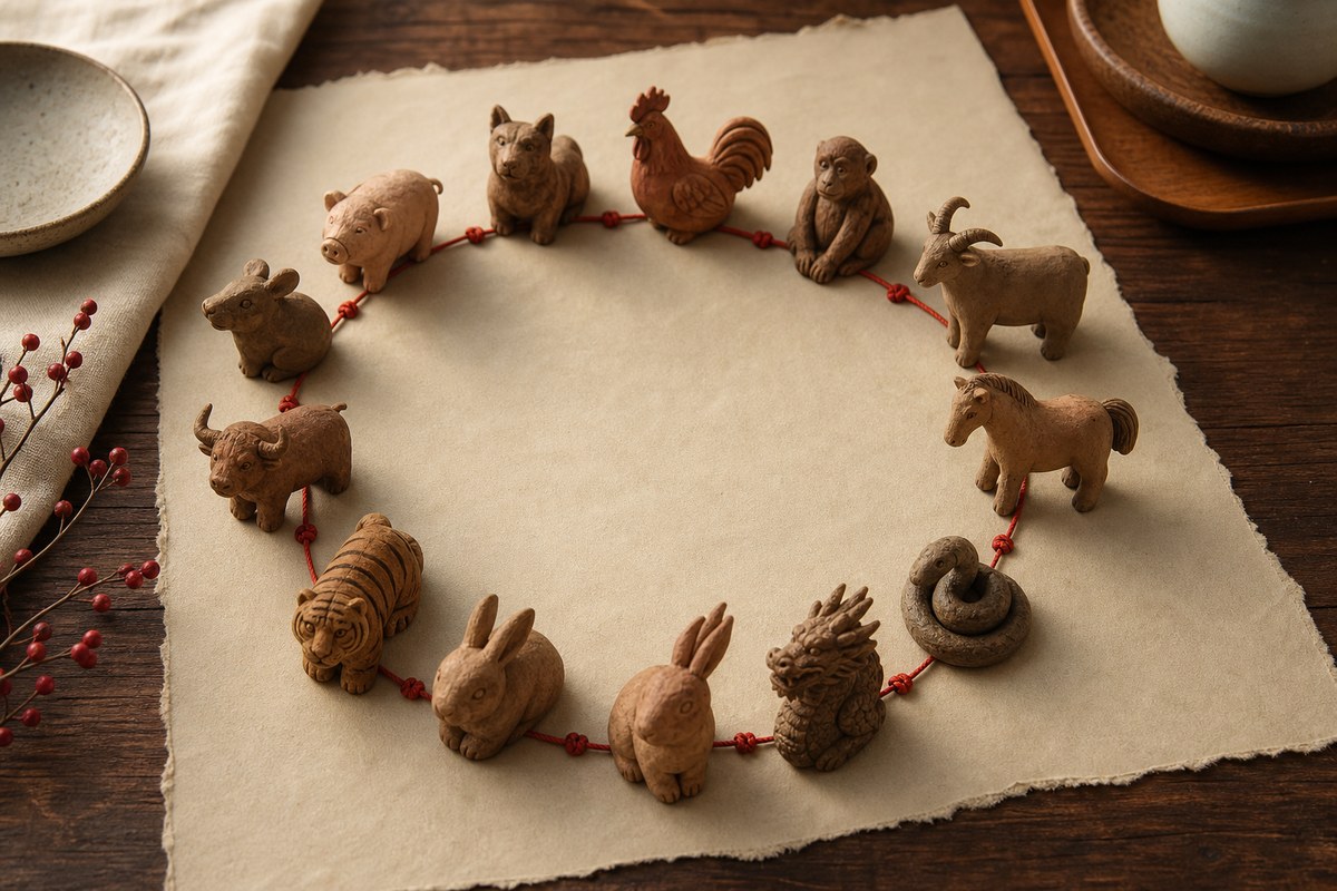 Twelve small zodiac animal tokens arranged in a circle on warm parchment and wood