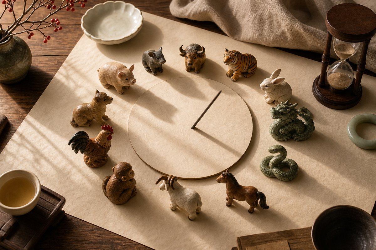 Zodiac animal figurines arranged around a blank circular disk with an hourglass and soft shadow