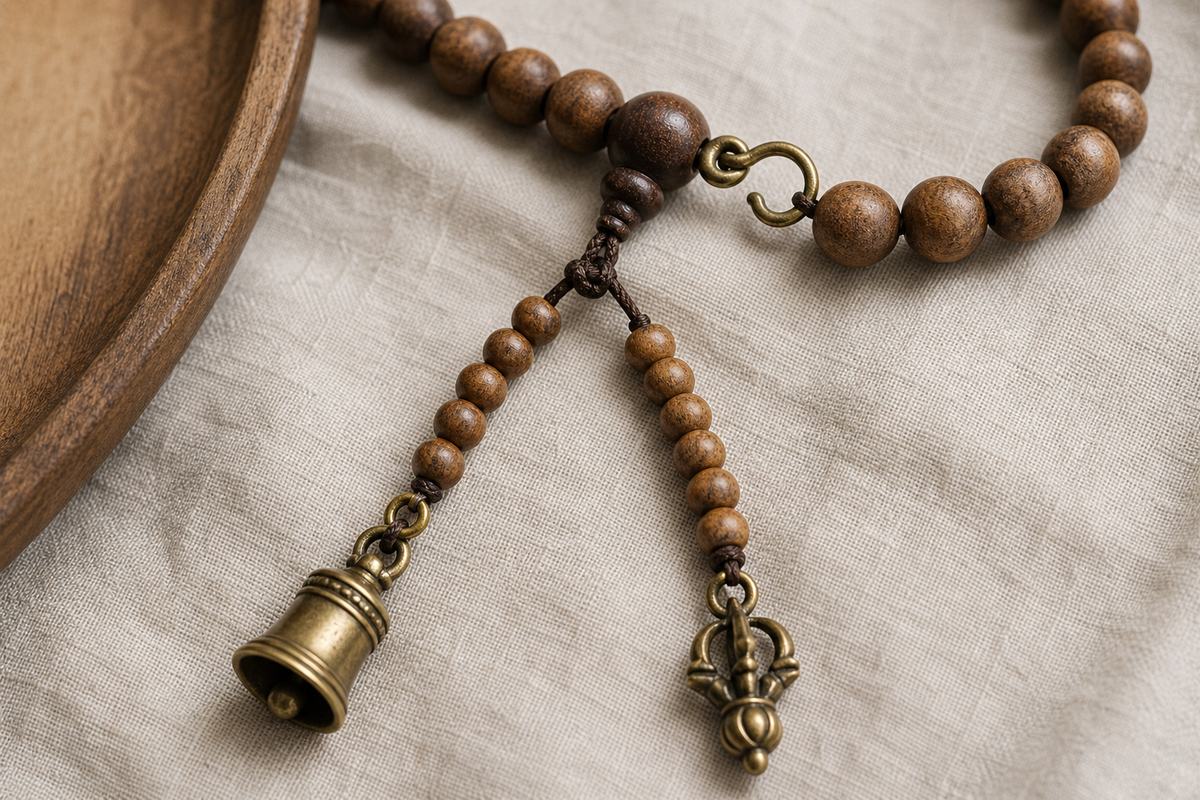 Two short ten-bead counter strands attached to a mala beside a vajra-shaped end fitting and movable clip