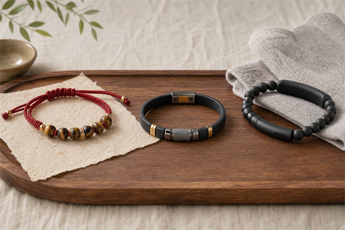 Three types of power bracelets displayed as symbolic jewelry, energy band, and smart training wristband