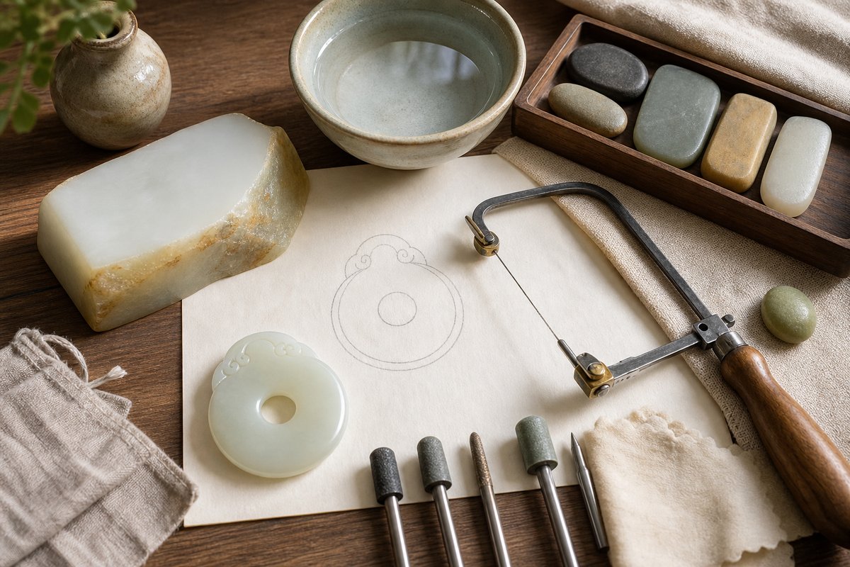 Jade slab, unmarked outline, saw, smoothing stones, water bowl, polishing cloth, and finished disk