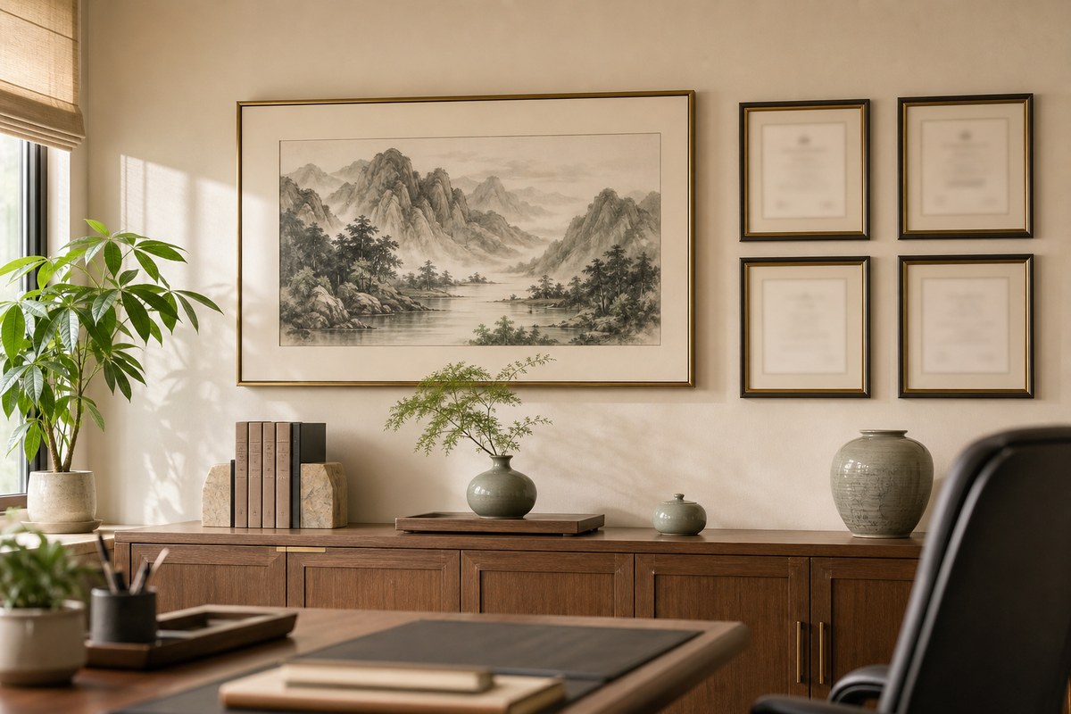 Office wall with mountain landscape art, blank certificate frames, plant, ceramic vase, and warm wood sideboard
