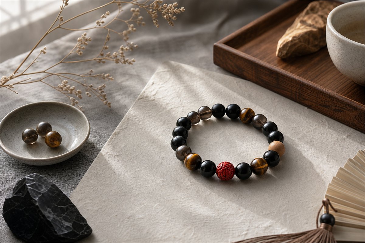 Black obsidian, black agate, tiger eye, cinnabar red bead, peach wood, and smoky quartz bracelet materials