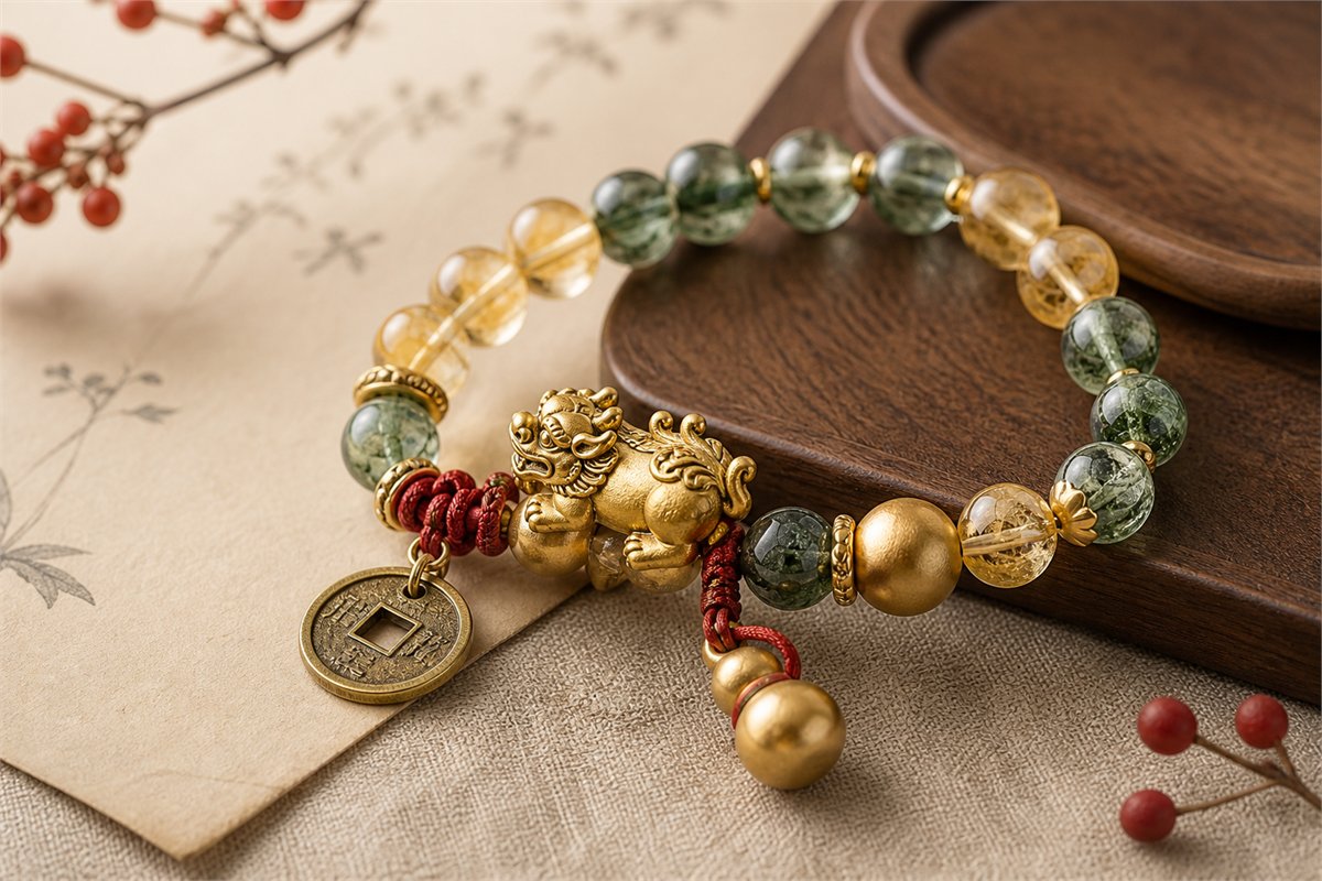 Pixiu, citrine, gold bead, coin, gourd, and green phantom quartz bracelet elements arranged for prosperity symbolism