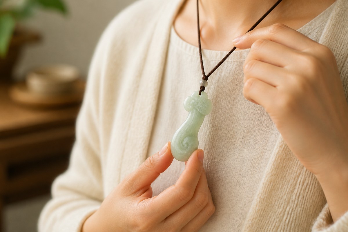 Hands holding a jade Ruyi pendant on a brown cord against an ivory knit garment