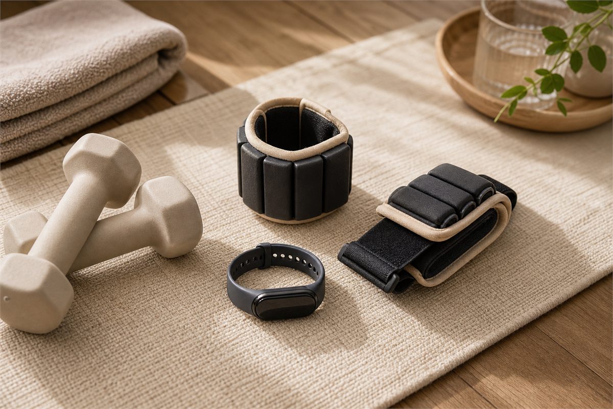 Weighted wrist cuffs and a smart fitness band arranged beside home workout equipment