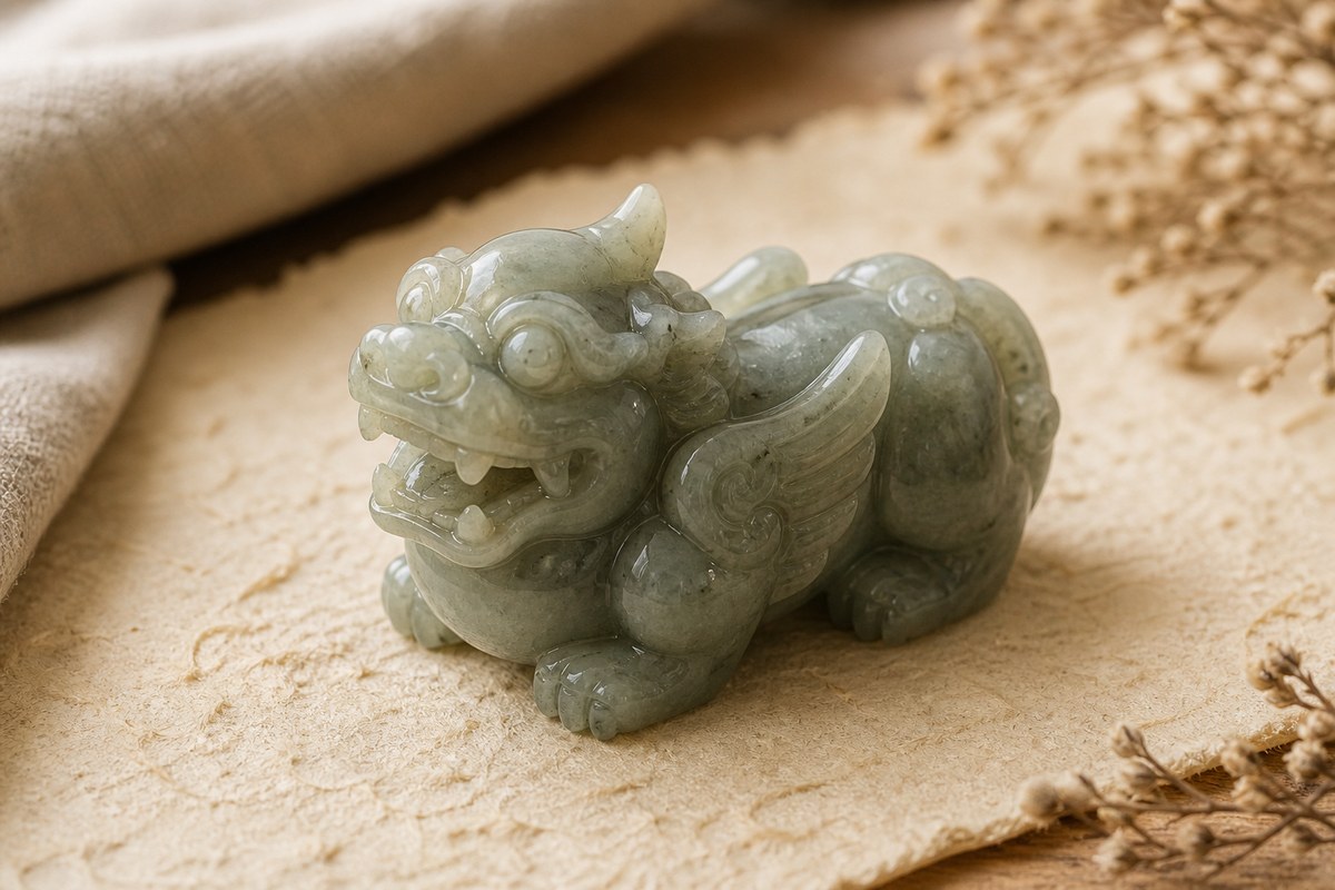 Close view of a carved Pixiu ornament showing an open mouth, horn, wings, paws, and polished stone texture