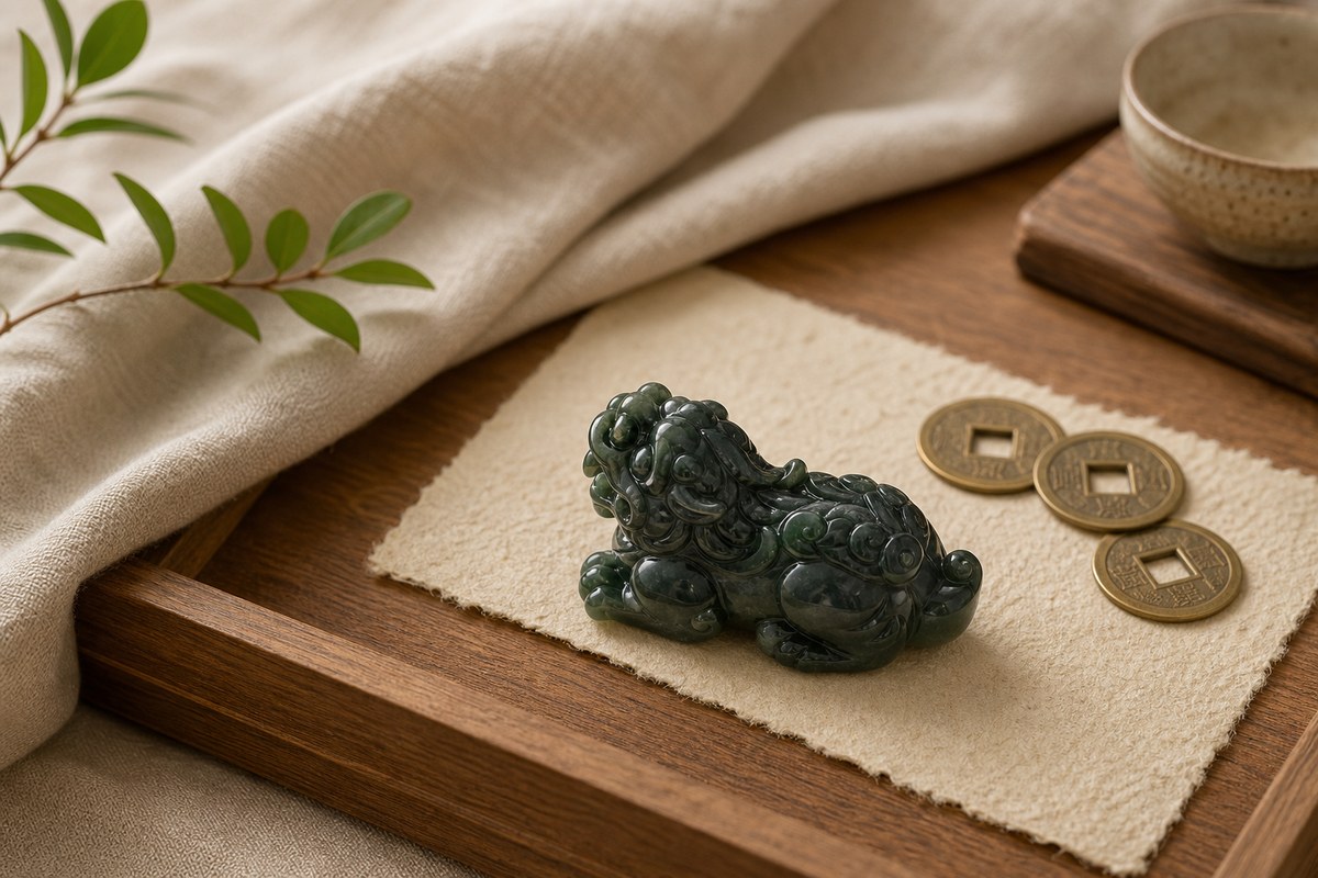 A carved Pixiu ornament with a small wood box and a few muted brass coins on warm paper