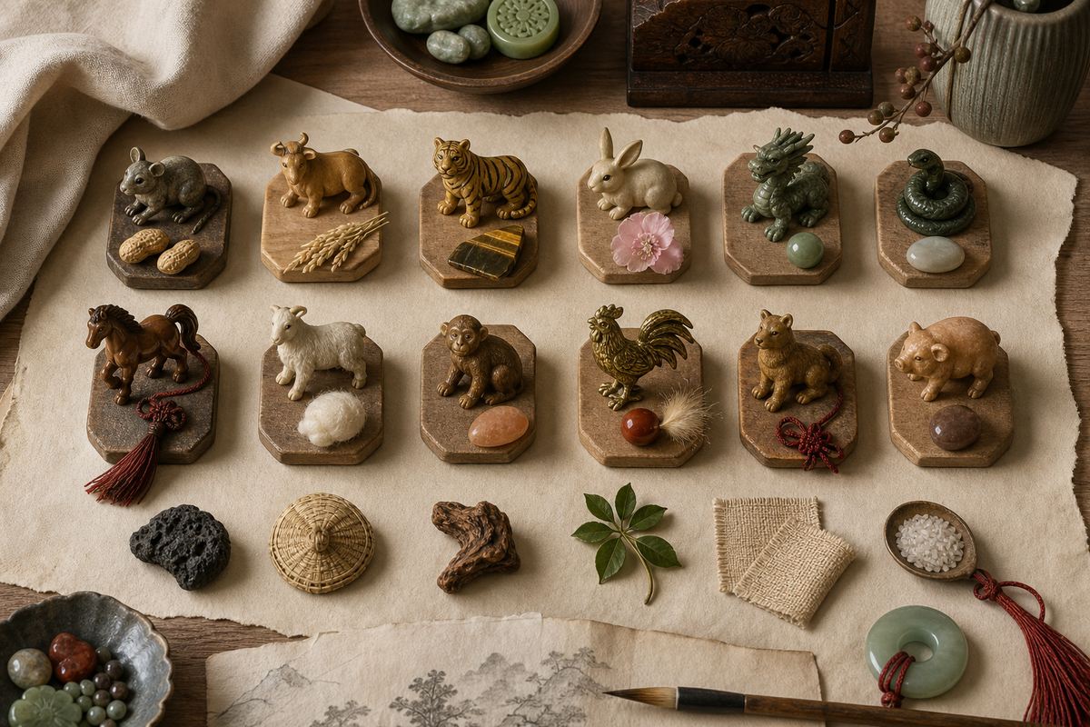 Twelve zodiac animal tokens arranged with cultural material samples on parchment and wood
