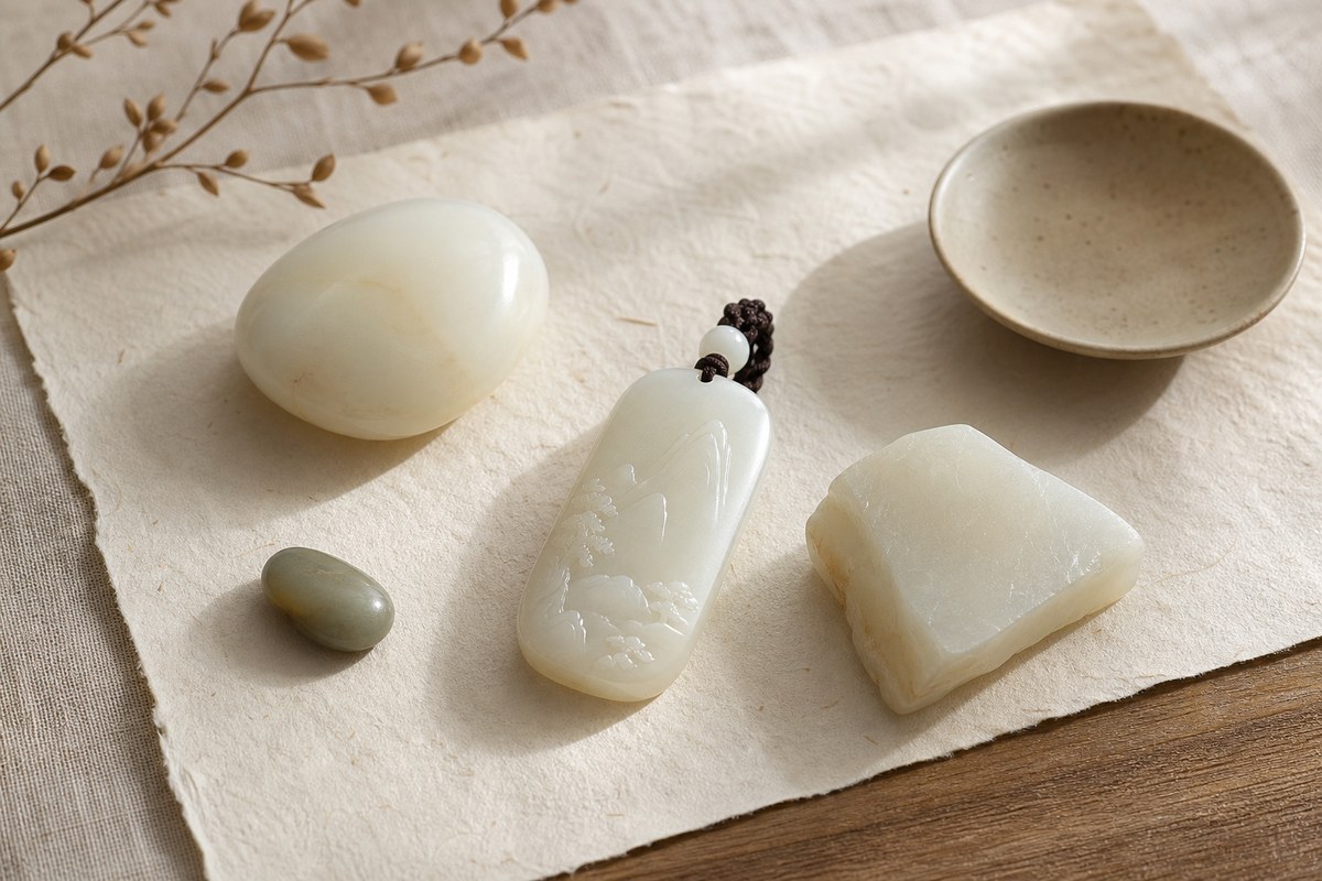 Creamy Hetian jade pebble, carved pendant, and unfinished stone on warm paper