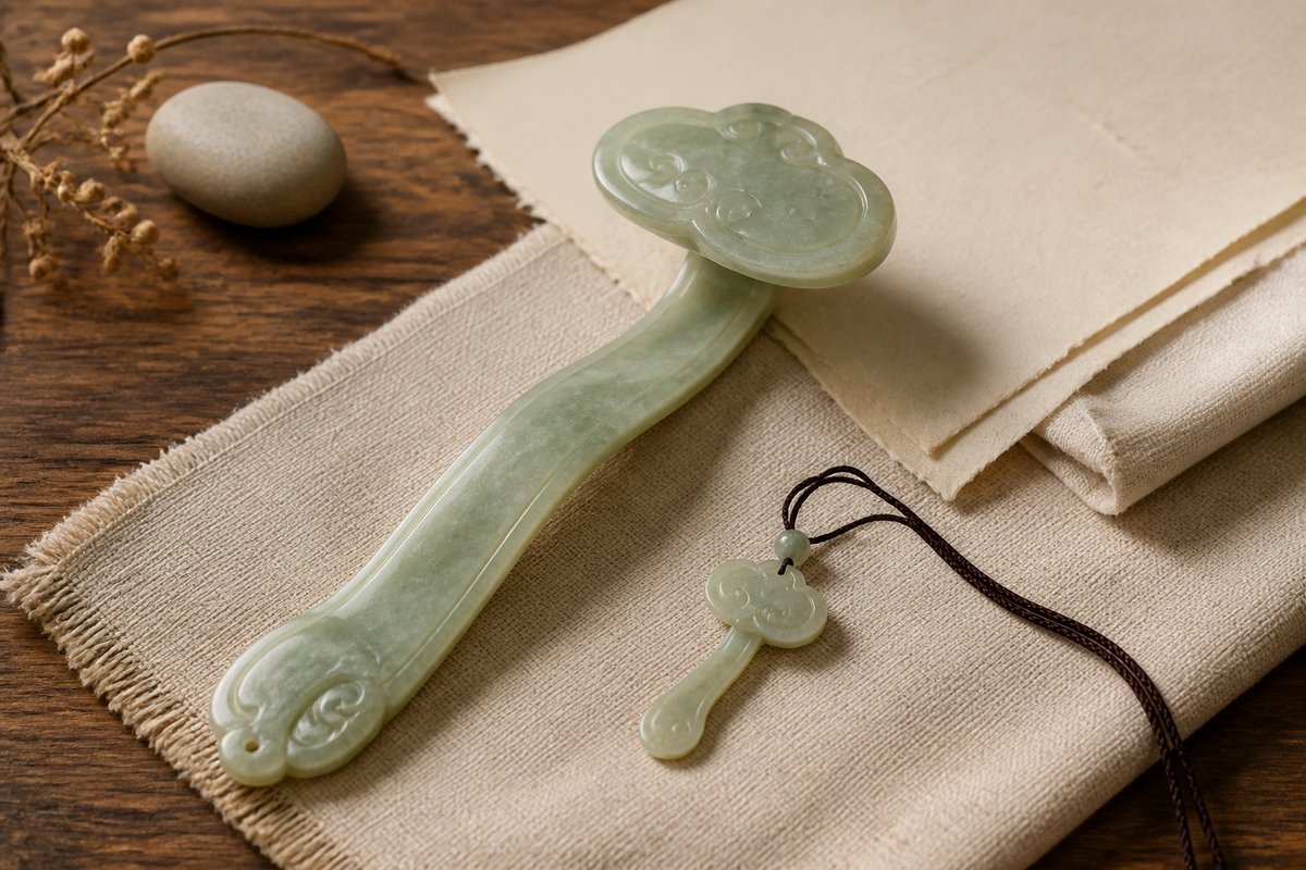 Full jade Ruyi scepter and small pendant on wood and linen showing the curved handle and broad head