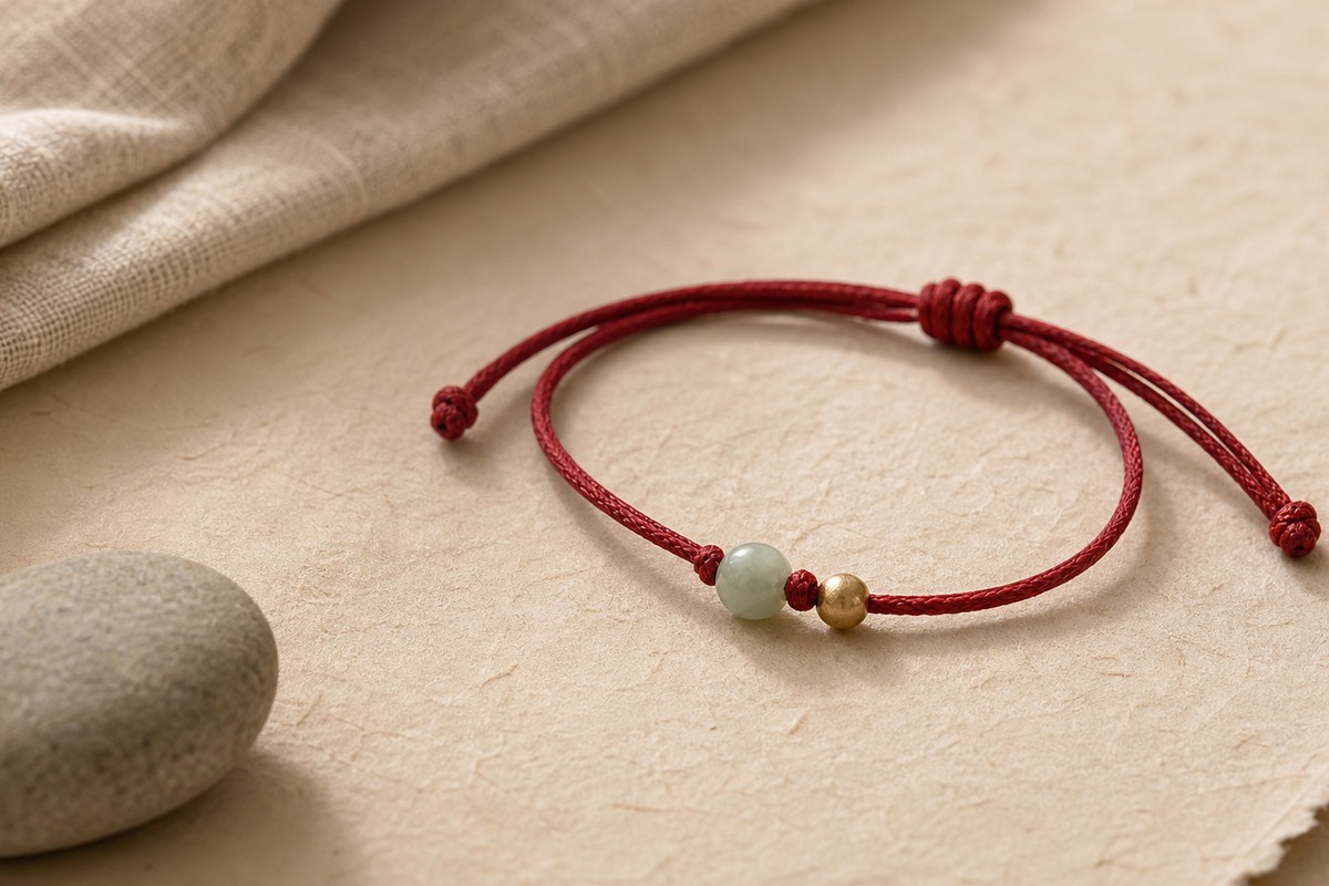 Simple red string bracelet with jade and small gold beads on handmade paper in soft light