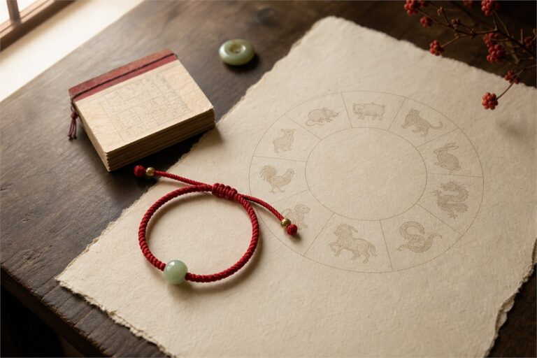 Red string bracelet beside a twelve-animal zodiac circle on handmade paper