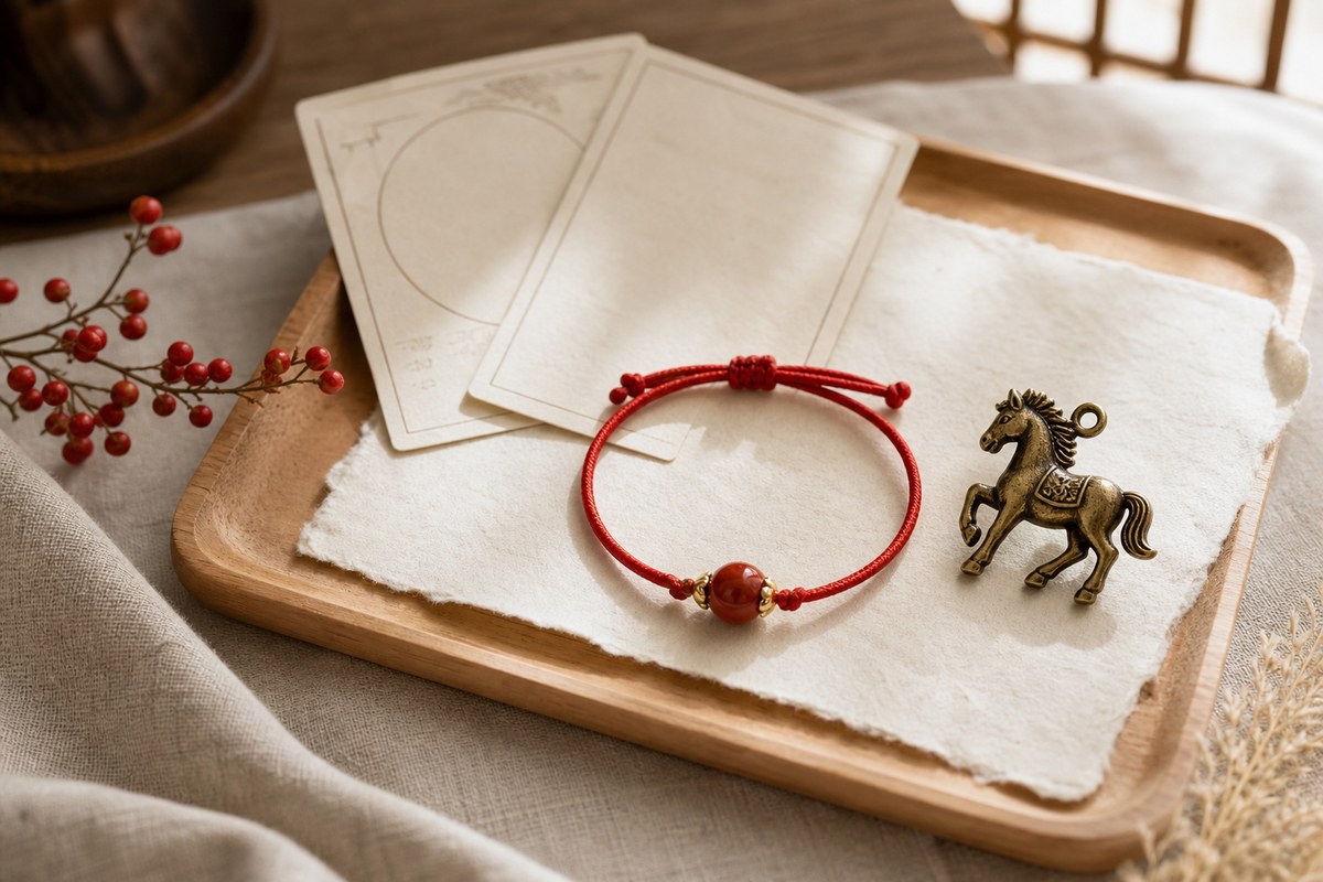 Red string bracelet and small zodiac charm on blank parchment for the Benmingnian birth-year return