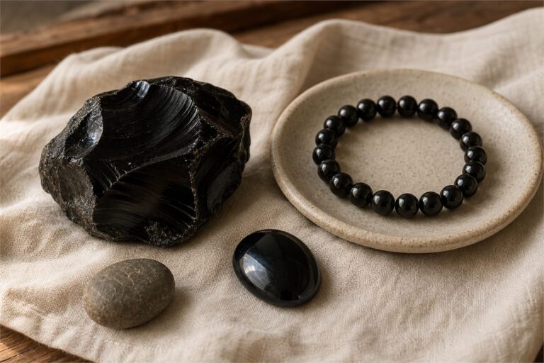 Natural black obsidian specimens, polished cabochon, and bead bracelet on ivory linen and dark wood