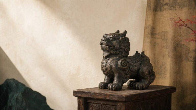 Traditional Pixiu-inspired guardian sculpture in a restrained museum-style setting