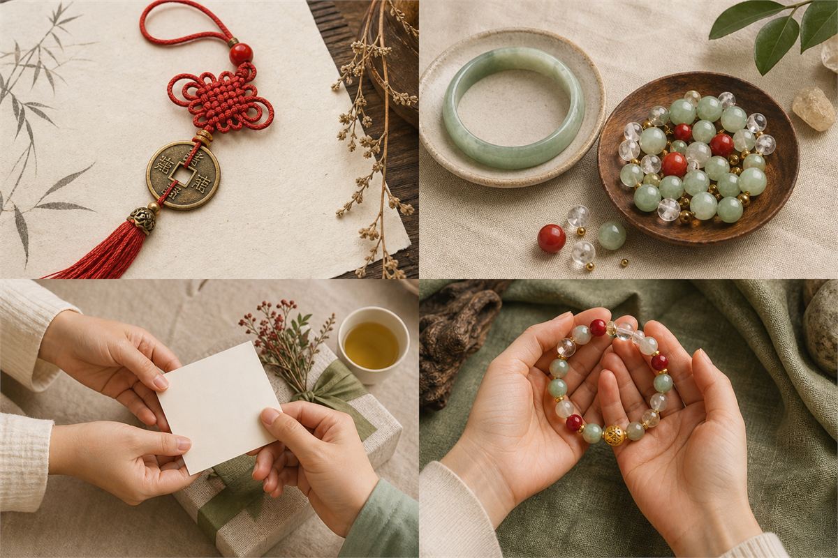 Text-free arrangement showing symbol, material, gift, and intention layers of a lucky bracelet
