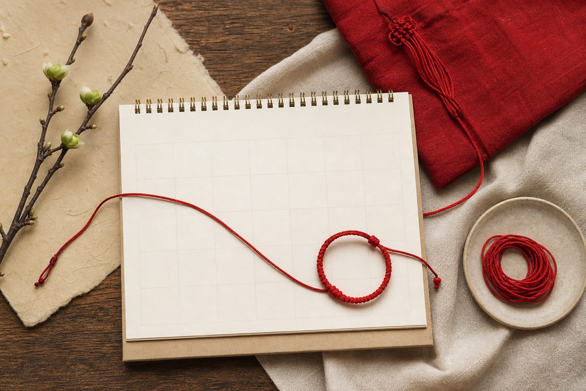 Blank calendar page, red cord, and spring branch on warm parchment for when to start wearing red in Benmingnian