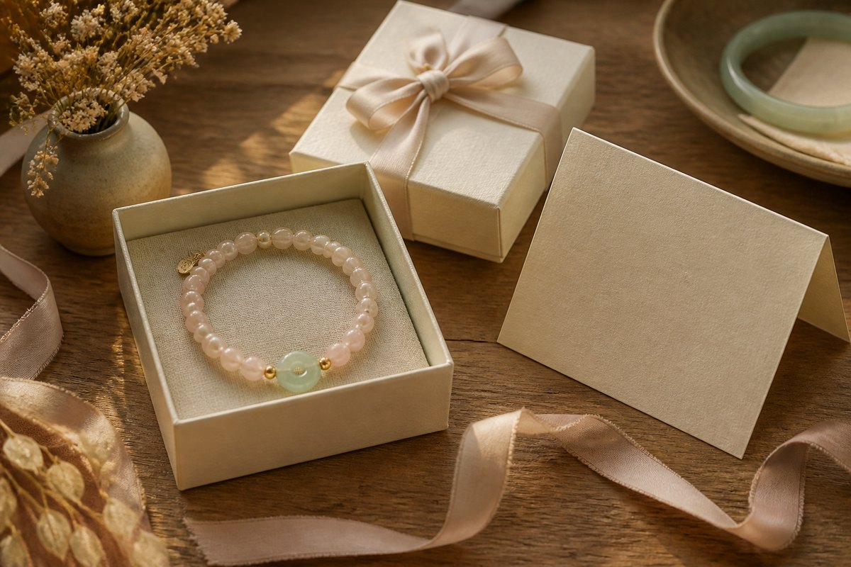 Bracelet in an ivory gift box beside a blank card and soft ribbon on a wood table