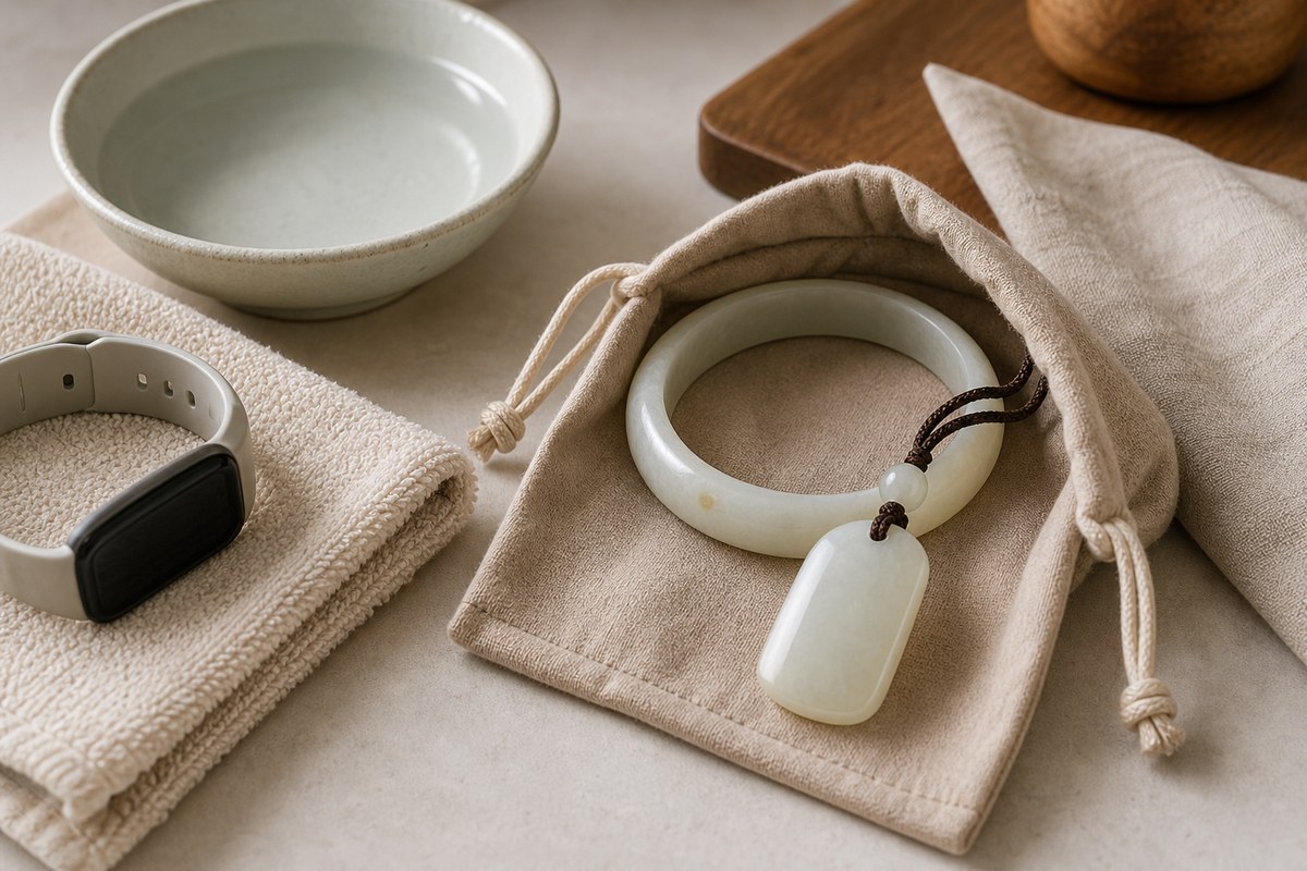 Hetian jade bracelet and pendant in a soft cloth pouch beside folded towel, sports band, and ceramic bowl