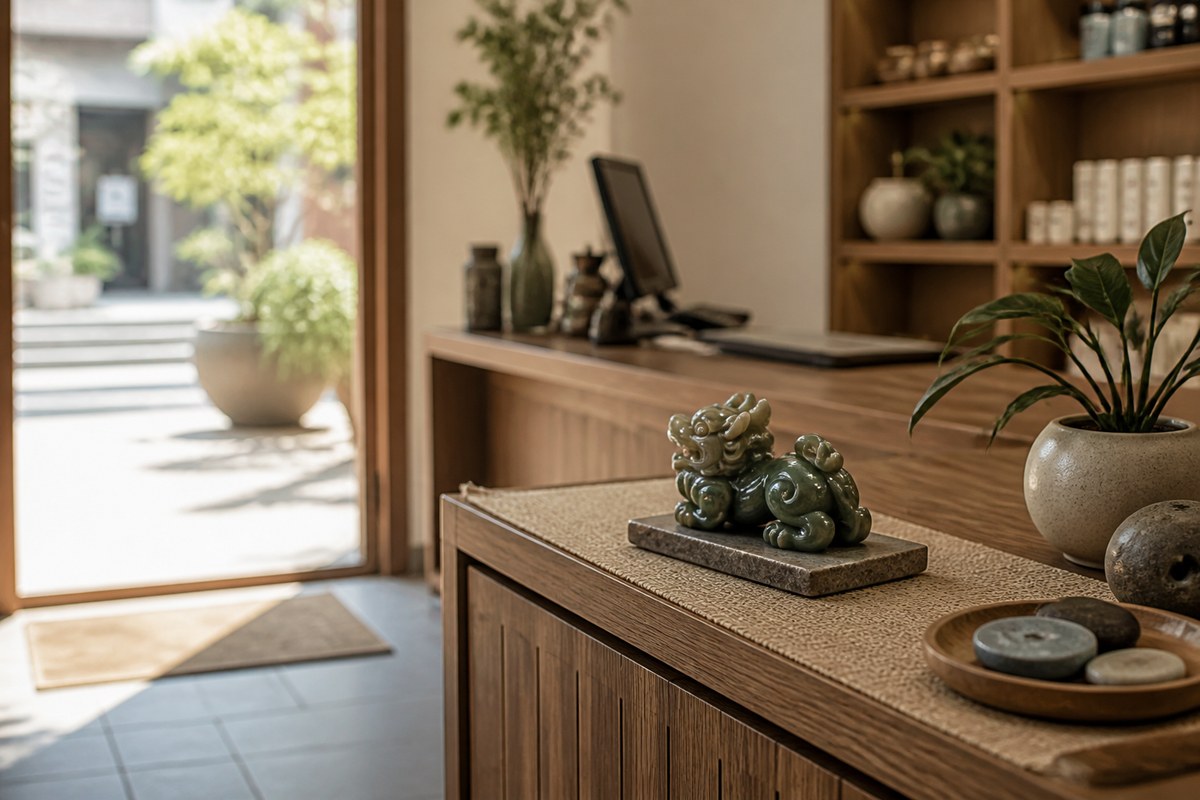 A small Pixiu display piece placed on a clean wood counter and angled toward an open doorway or window light