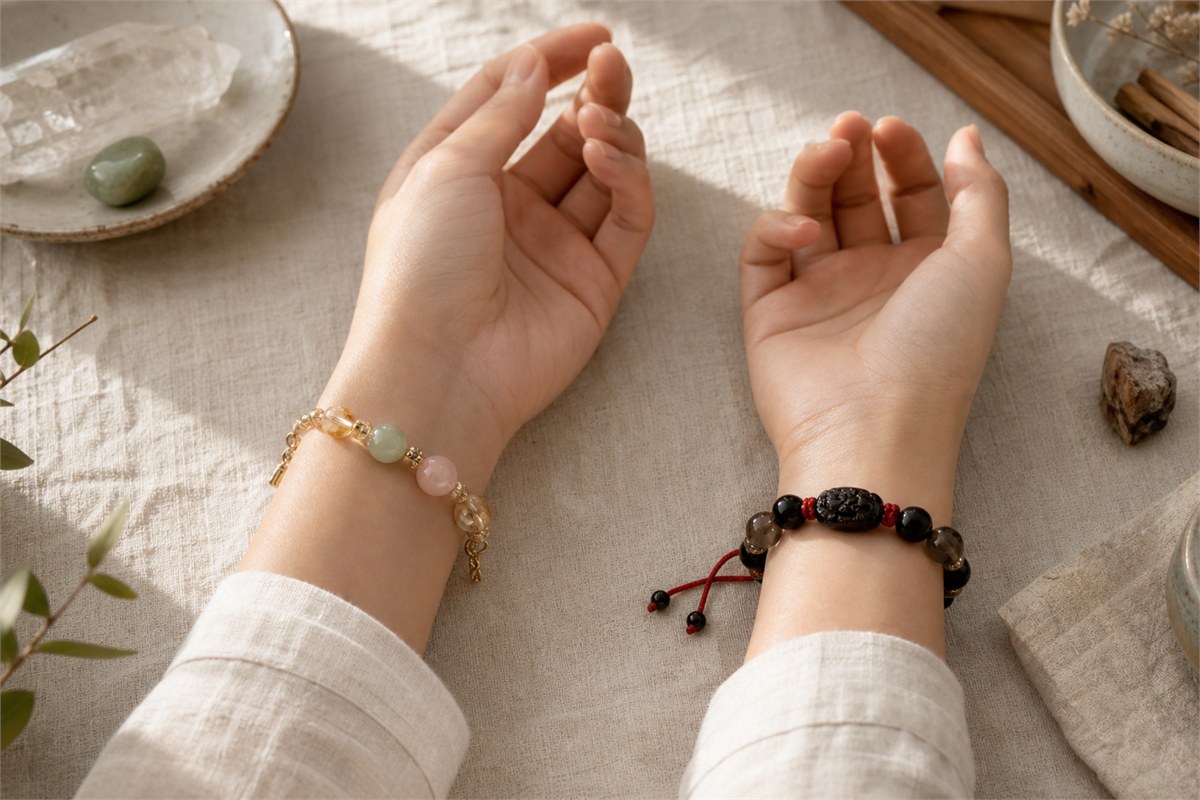 Two wrists showing receiving and releasing bracelet traditions with light and dark stones