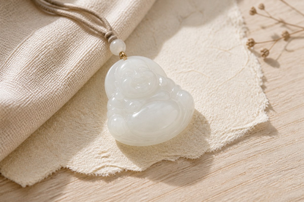 Creamy white jade Buddha pendant on warm ivory linen and pale wood