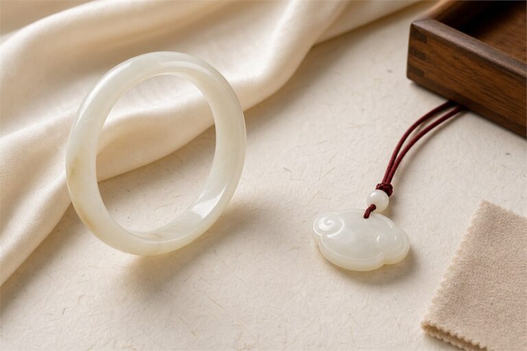 White jade bracelet and Ruyi pendant on pale silk with soft natural light