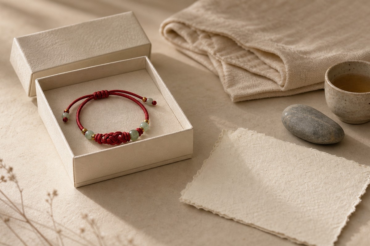 Red string bracelet presented in an open paper gift box beside a blank handmade card and tea cup