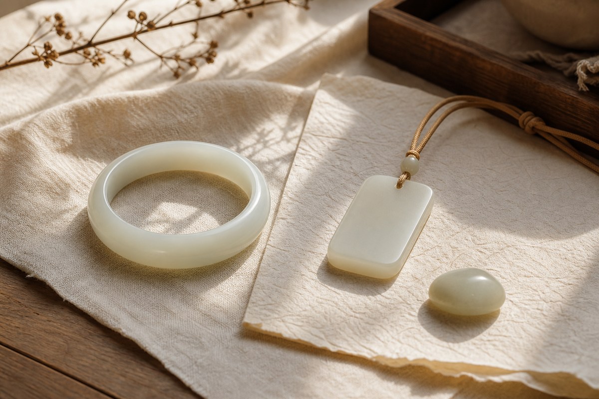 Pale Hetian jade bracelet, pendant, and smooth pebble arranged on warm linen and paper
