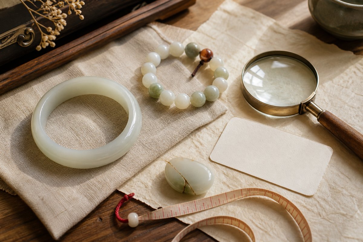 Hetian jade bangle, bracelet, magnifying glass, cord, and cracked loose stone on linen