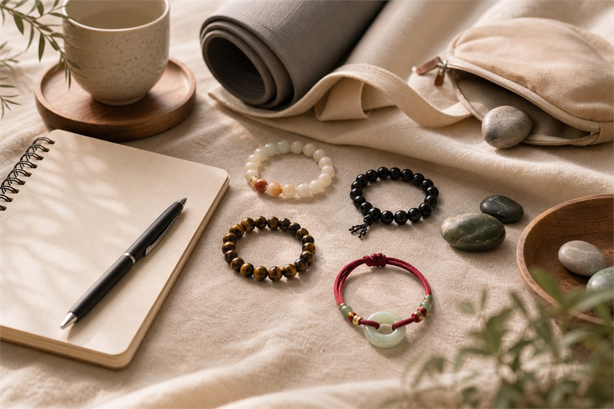 Strength bracelets shown near work desk, study notes, gym wrap, and travel objects for different wearers