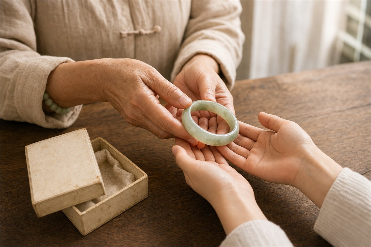 Older and younger hands sharing an inherited pale green jade bangle in warm natural light