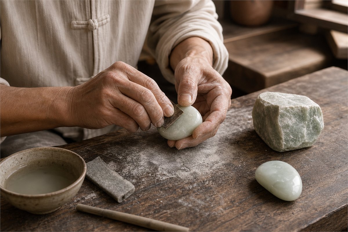 Artisan hands patiently polishing a pale nephrite carving beside traditional tools and stone powder