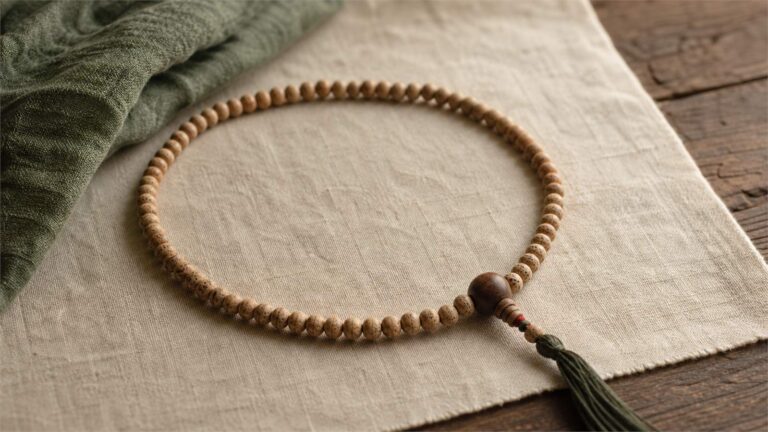 A 108-bead mala arranged in a calm circle on warm linen with a simple wooden focal bead
