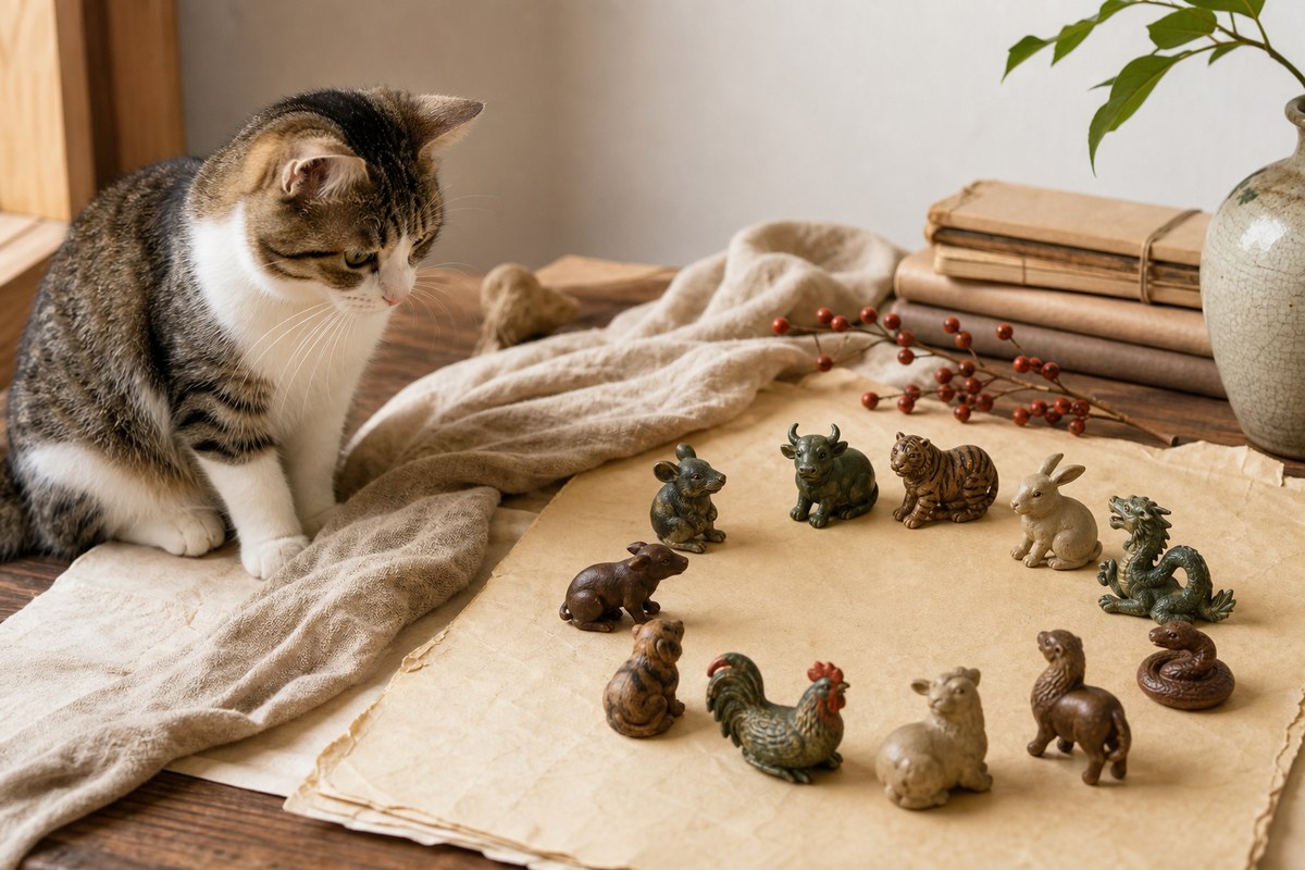 A cat watches Chinese zodiac animal figurines arranged on warm handmade paper