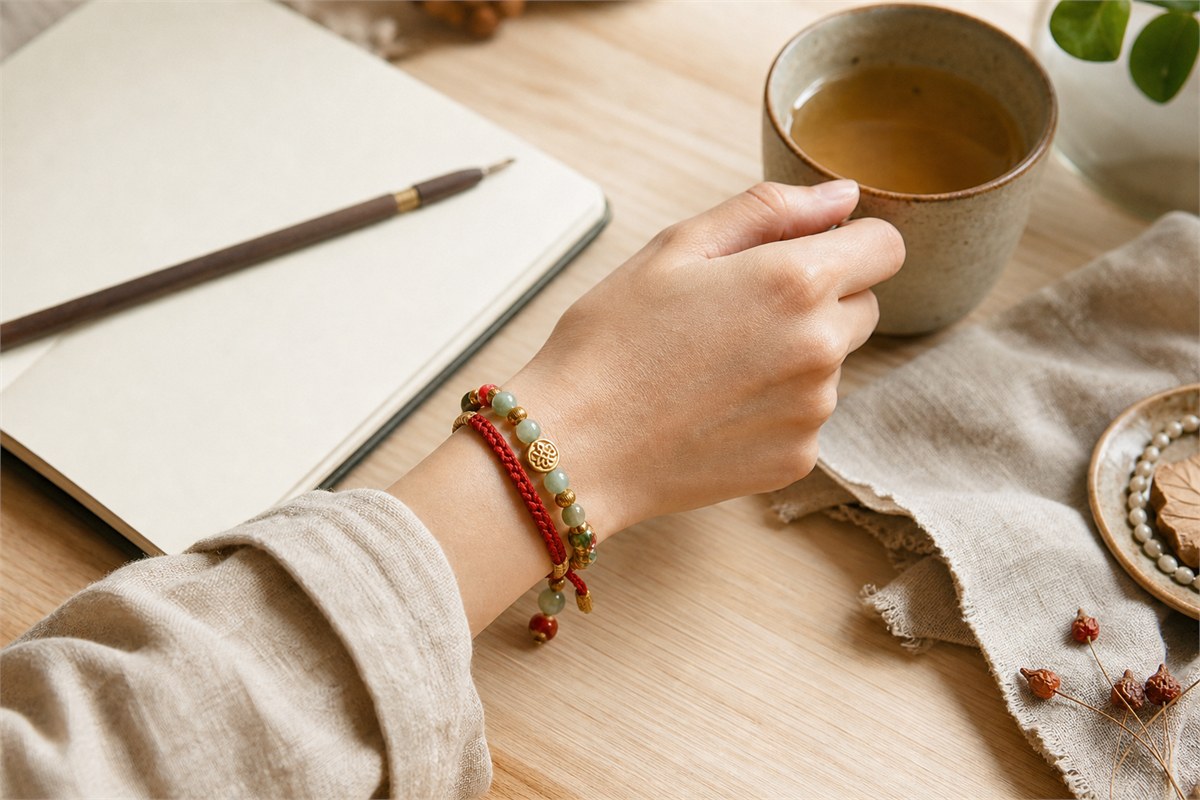 A good luck bracelet worn on a wrist during a quiet daily moment beside a notebook and tea cup