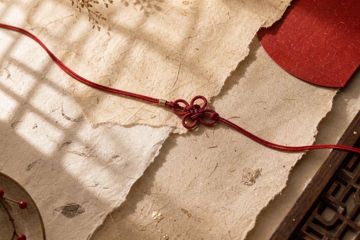 Red cord crossing layered handmade paper with warm Chinese window shadows and festive red details