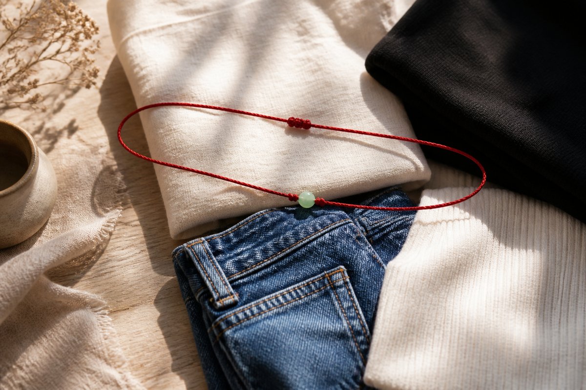 Red string waist chain styled across cream linen, black cotton, denim, and soft knit fabrics