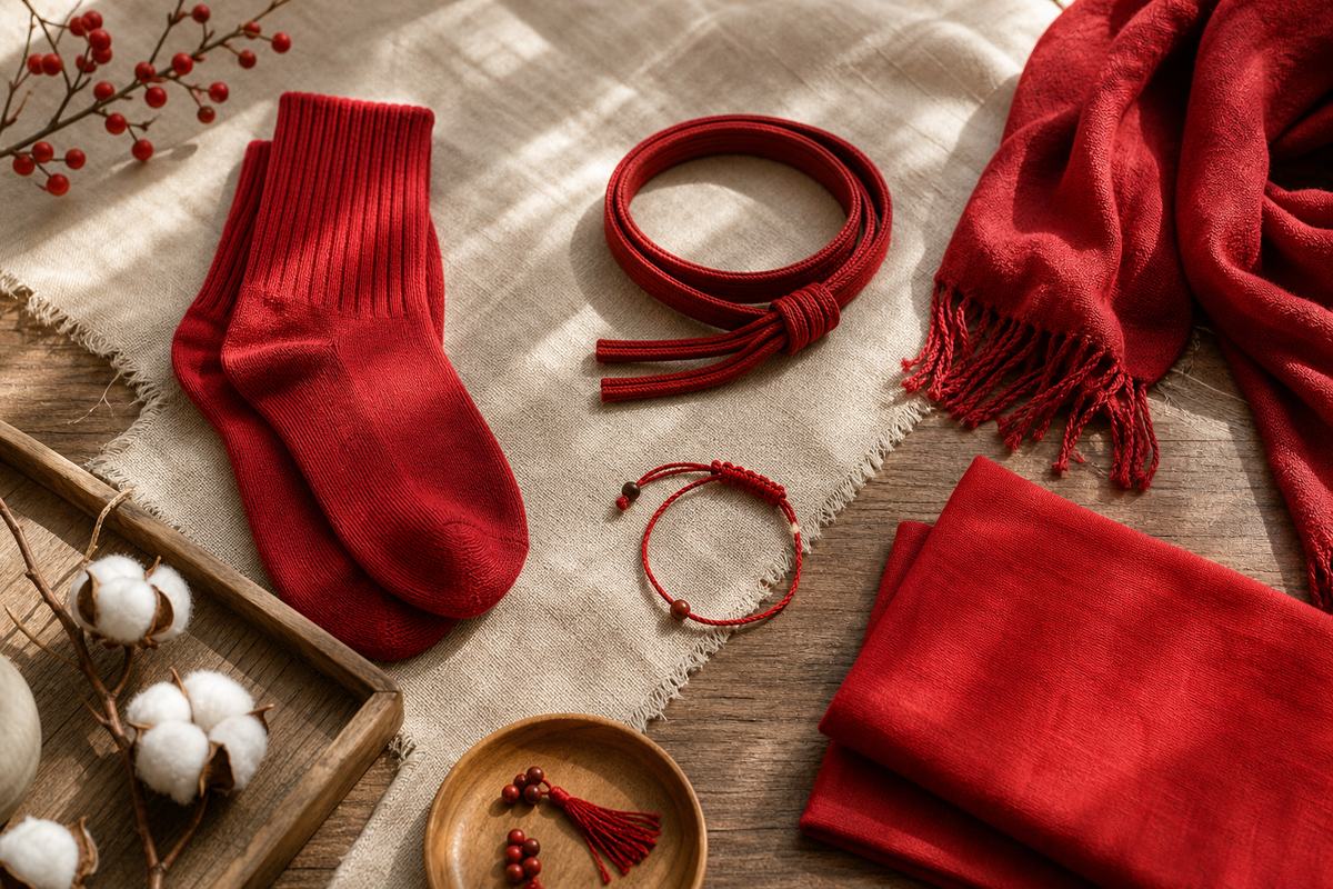 Folded red socks, red scarf, red cord, and red string bracelet on warm linen for Benmingnian