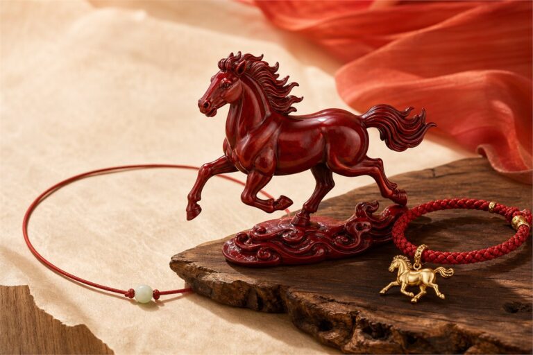 Elegant Fire Horse zodiac artwork with red cord and jade bracelet for 2026