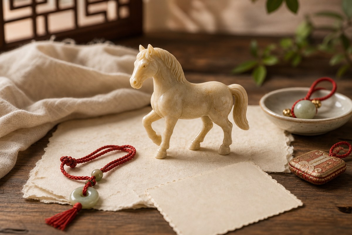 Small horse figurine with red cord, jade bead, blank paper, and warm gift objects