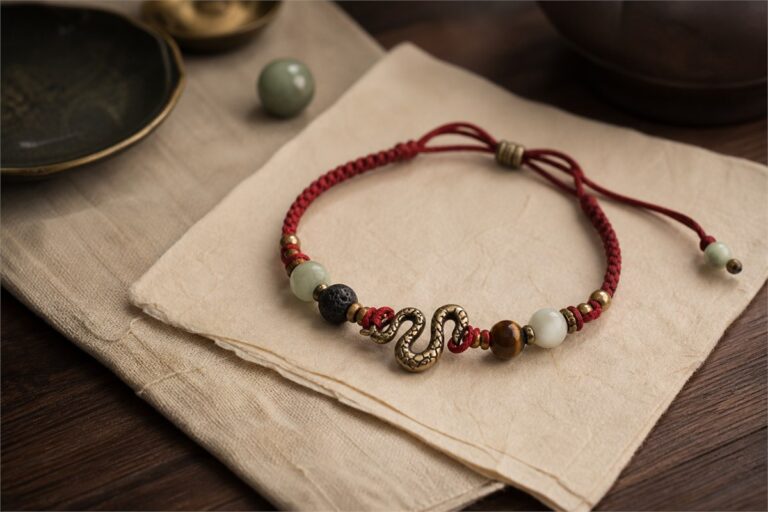 Elegant snake motif bracelet with jade and red cord on parchment and dark wood