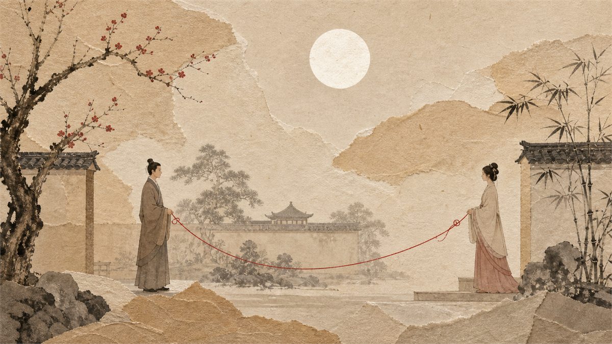 Two distant figures connected by a red thread beneath a pale moon in a paper-textured Chinese story scene